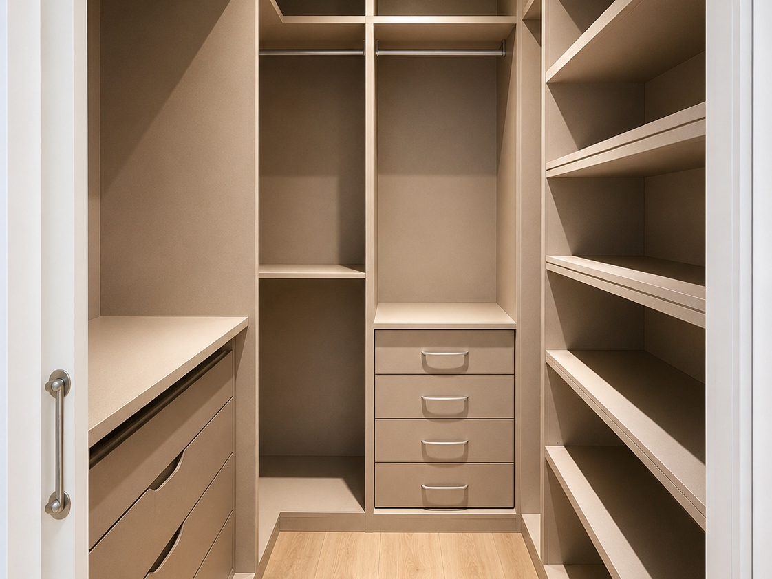 Vestidor a medida con estanterías, cajoneras y zona para colgar ropa fabricado por Carpintería 3DU.